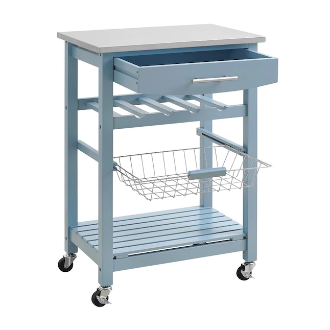 Linon KI092BLU01U Blue Wood Base with Stainless Steel Metal Top Rolling Kitchen Cart (22.88-in x 15.75-in x 33.88-in)