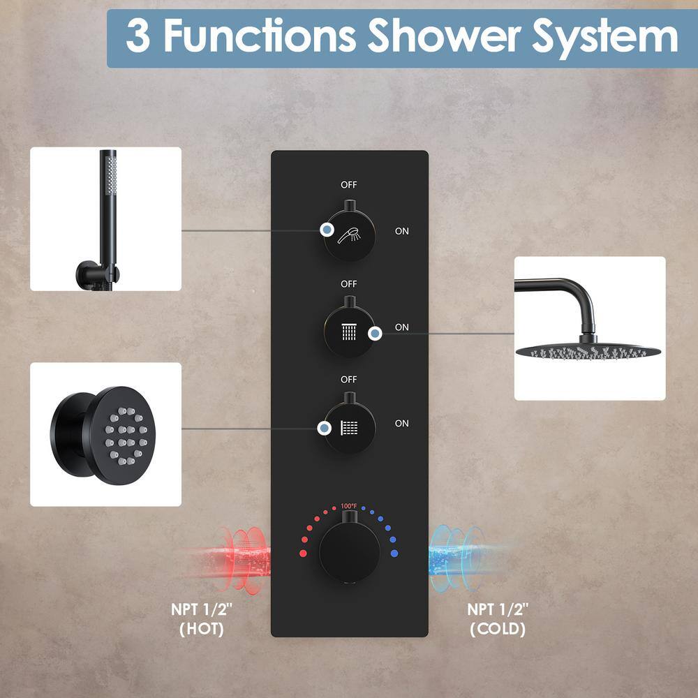 CRANACH 7-Spray Patterns Thermostatic 2.5 GPM 12 in. Wall-Mounted Shower Head with 6 Jets in Matte Black (Valve Included) M6379BI-12BL-1