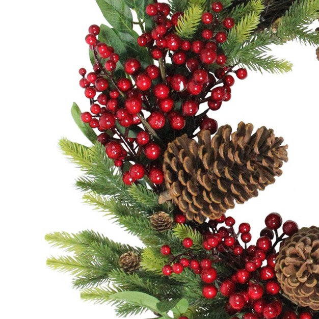 Unlit Artificial Pine Cone Red Berry And Pine Sprig Christmas Wreath