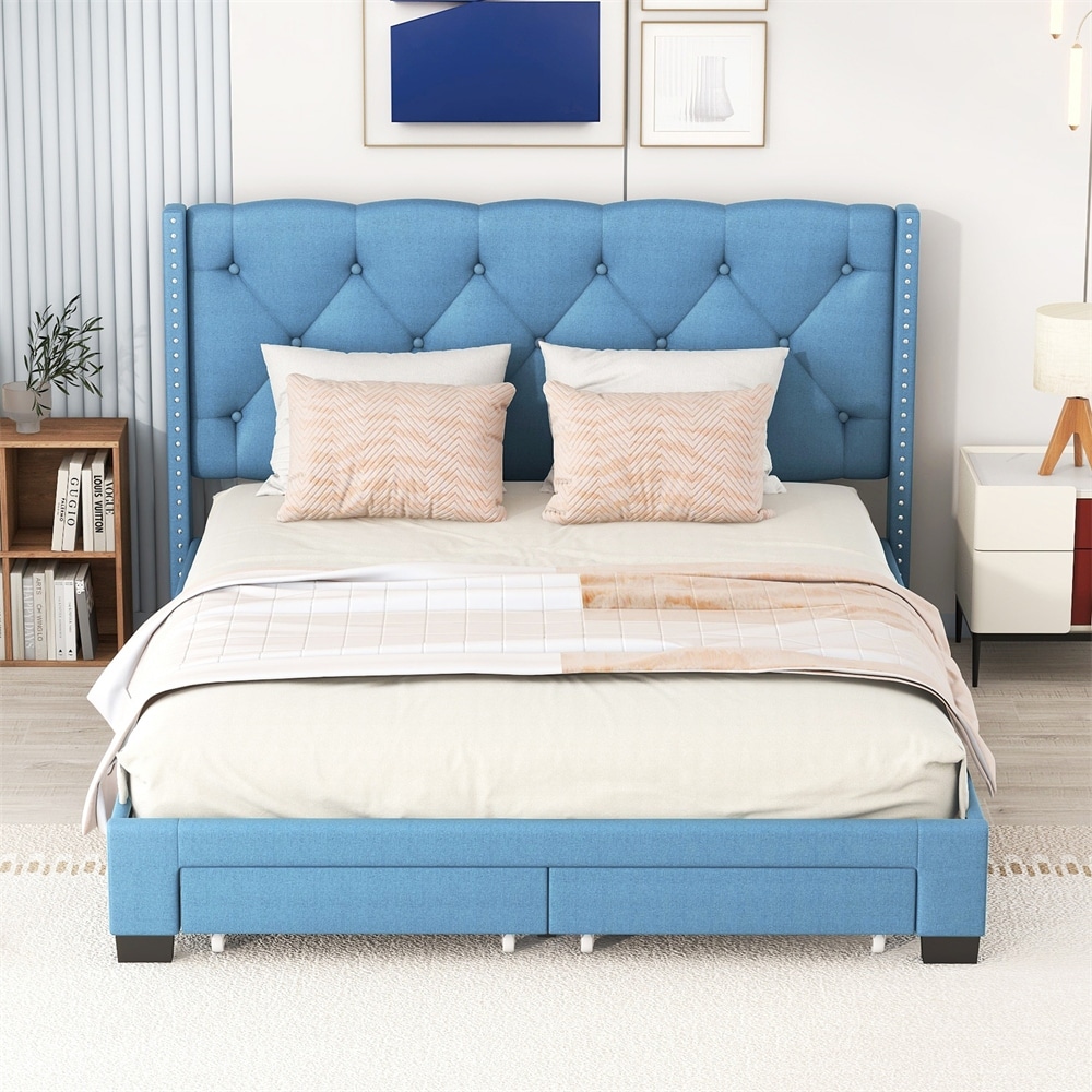 Queen Size Storage Bed Linen Upholstered Platform Bed with Two Drawers