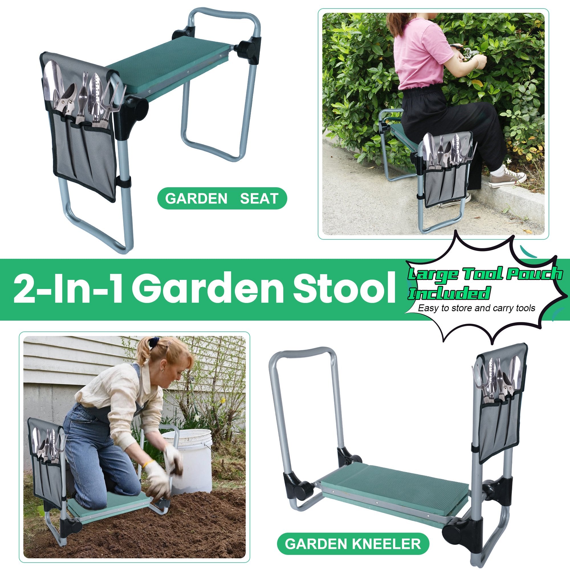 KARMAS PRODUCT Garden Kneeler and Seat Button Folding Gardening Bench with EVA Foam Kneeling Pad and Detachable Tool Pouch Portable Garden Stools for Indoor Outdoor