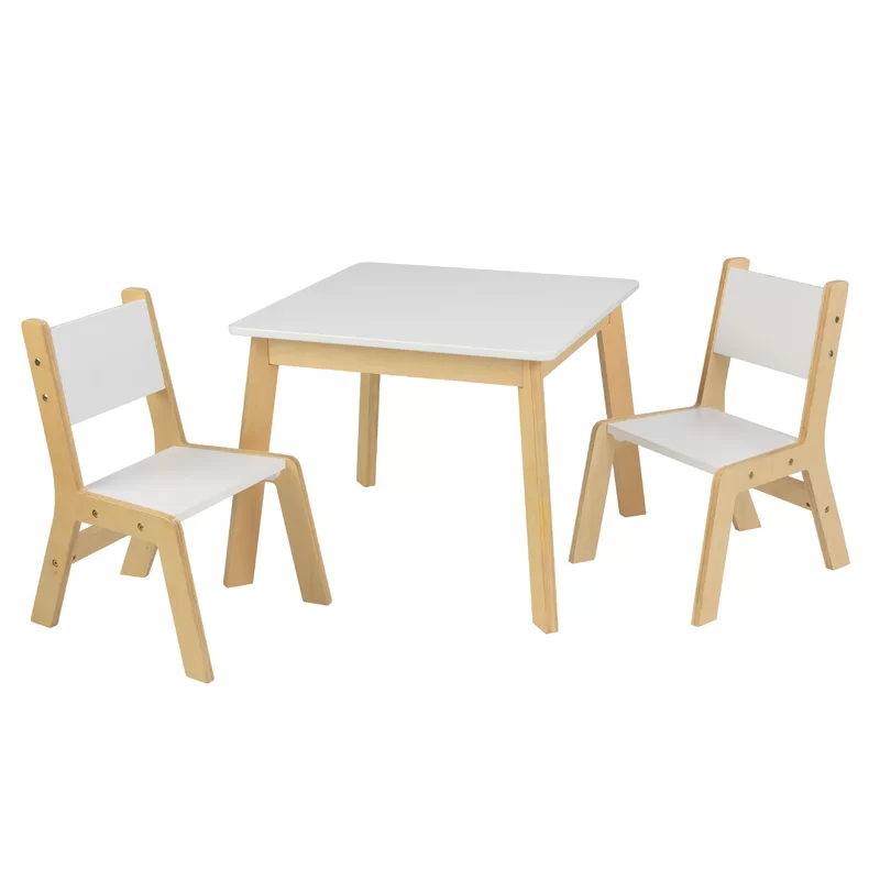 KidKraft Wooden Modern Table and 2 Chair Set， Children's Furniture， White and Natural， Gift for Ages 3-8