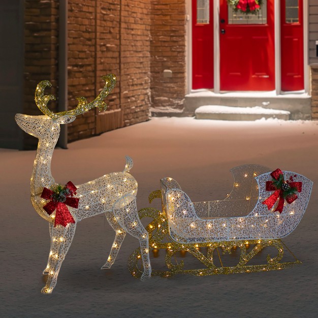 Led Lighted Glitter Reindeer With Sleigh Outdoor Christmas Decoration