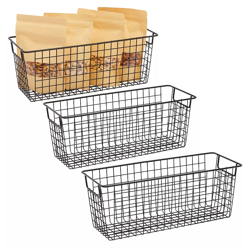 3 Pack Metal Wire Storage Baskets for Shelves， Pantry， Closet， Long Narrow Organizer Bin (Black， 16 x 6 x 6 In)