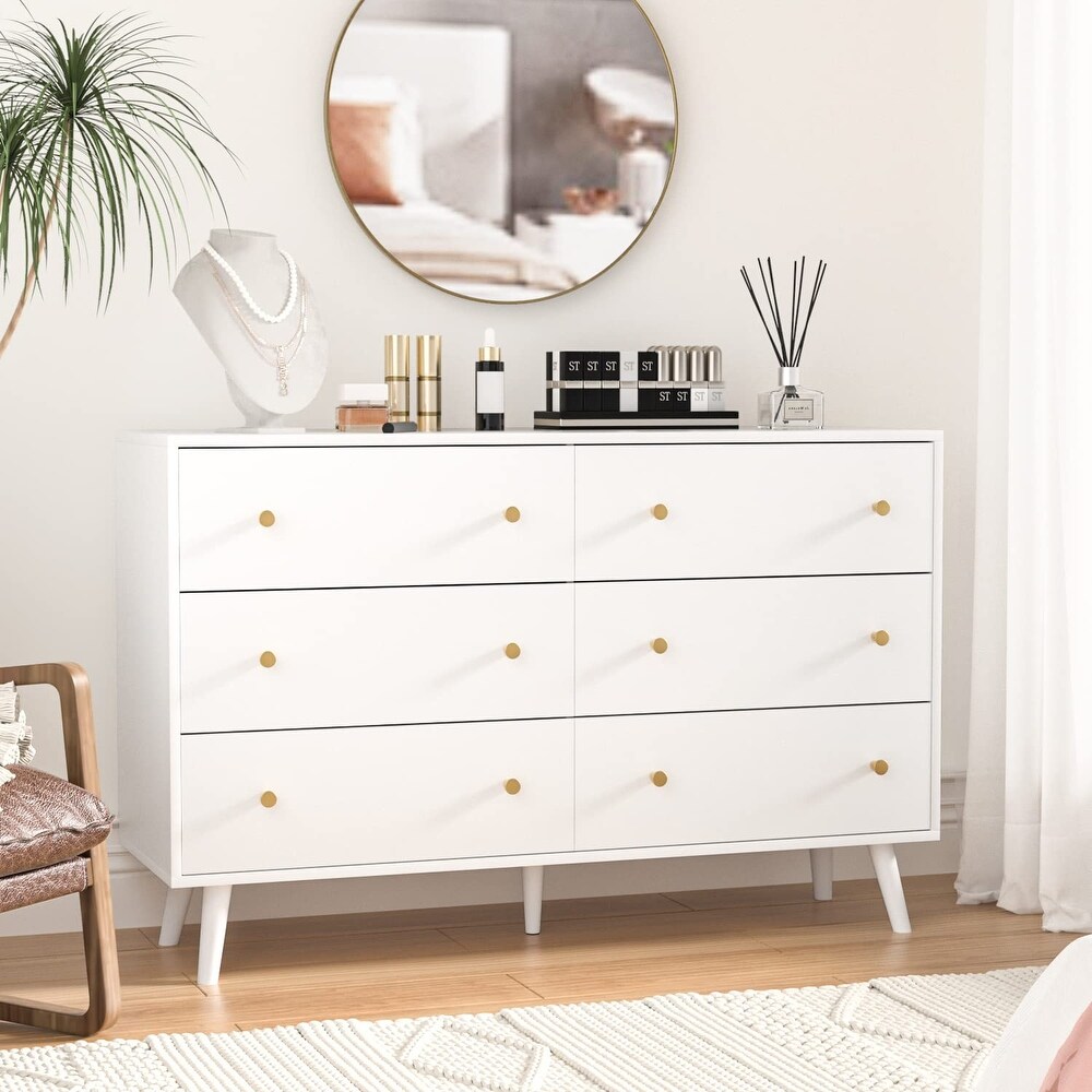 Dresser for Bedroom  Modern White Dresser with 6 Drawers  Wide Chest of Drawers with Gold Handles