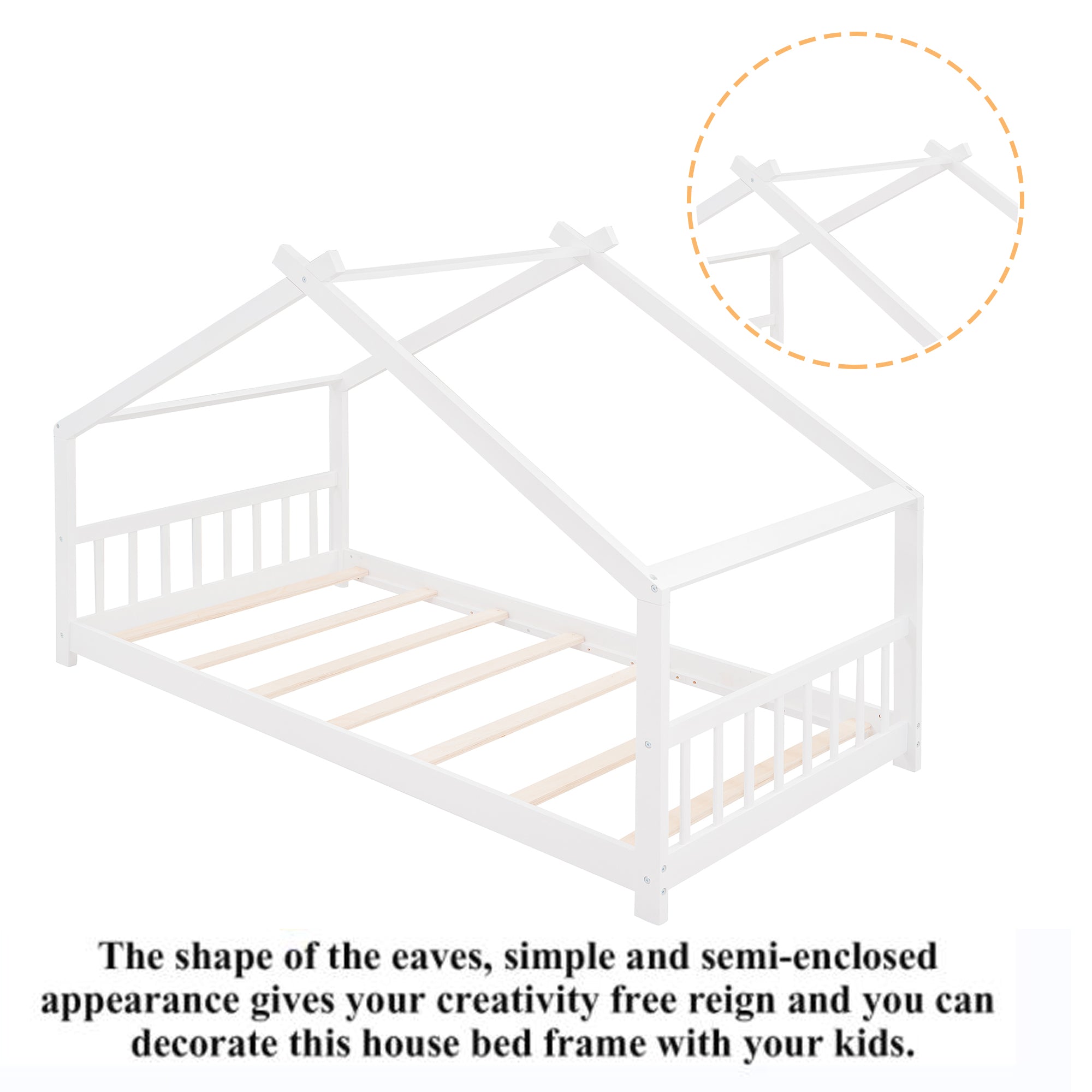 Twin Size House Bed Montessori Style Floor Bed Frame Wood Kids Fun Playhouse Twin Bed with Headboard and Footboard for Toddlers Girls Boys Teens（White)