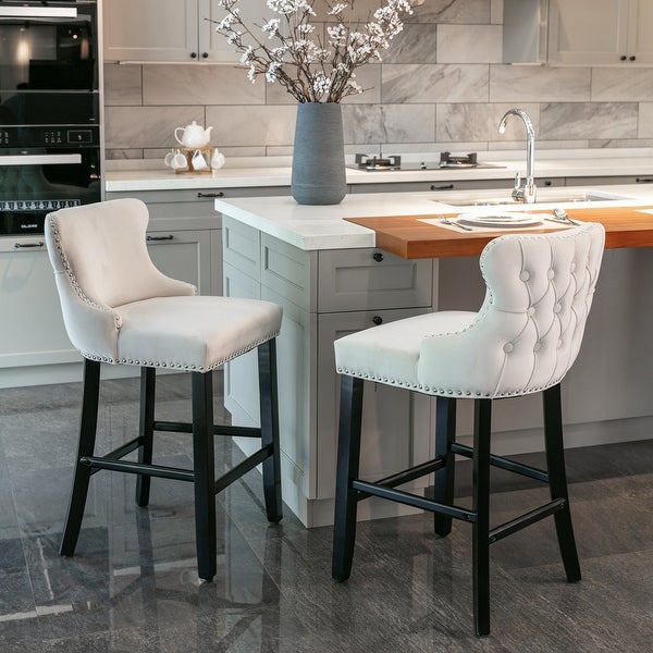 Upholstered Barstools with Button Tufted Decoration and Wooden Legs