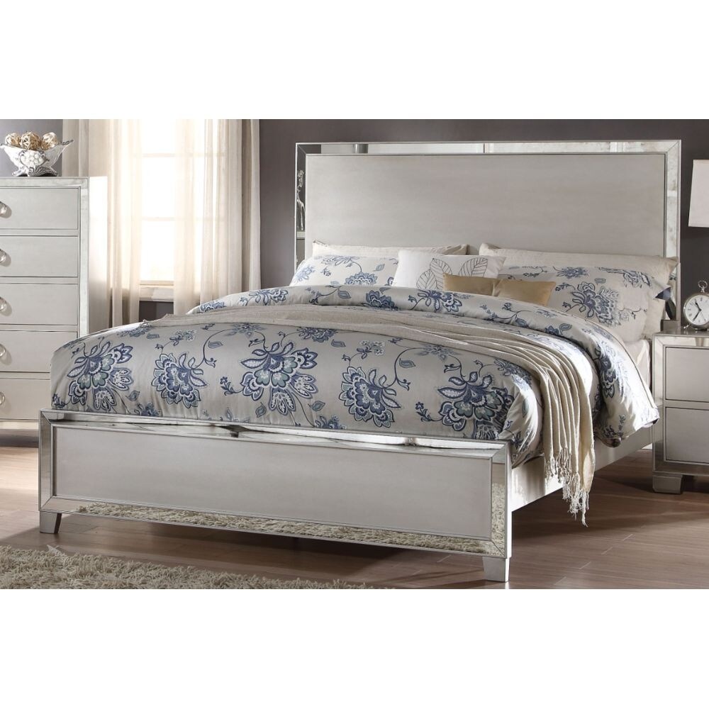 Modern Style Voeville II King Size Panel Bed with Upholstered Panel Wooden Headboard and Mirror Inlay Trim