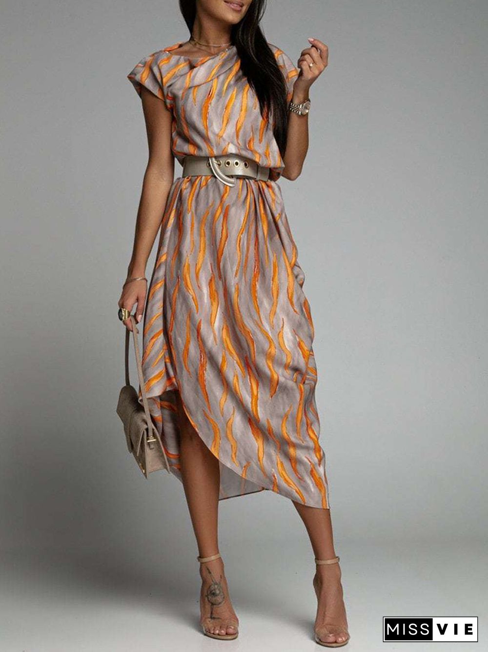 Office Elegant Striped Print Loose Dress Summer Short Sleeve Chiffon Dresses Vintage Diagonal Collar Women Long Asymmetric Dress