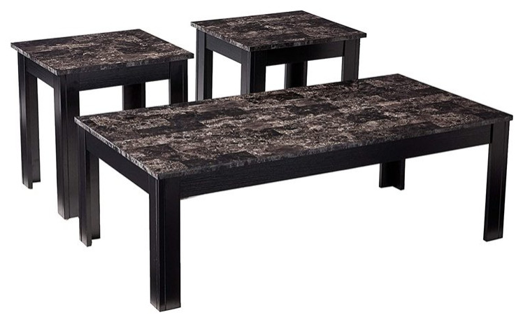 Benjara 18 quot3 Piece Modern Wood Occasional Table Set with Marble Top in Black   Transitional   Coffee Table Sets   by VirVentures  Houzz