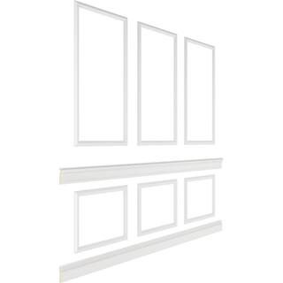 Ekena Millwork 94 12 in. (Adjustable 96 in. to 120 in.) 63 sq. ft. Polyurethane Ashford Square Panel Stacked Wall Wainscot Kit Primed WPKUST052P096