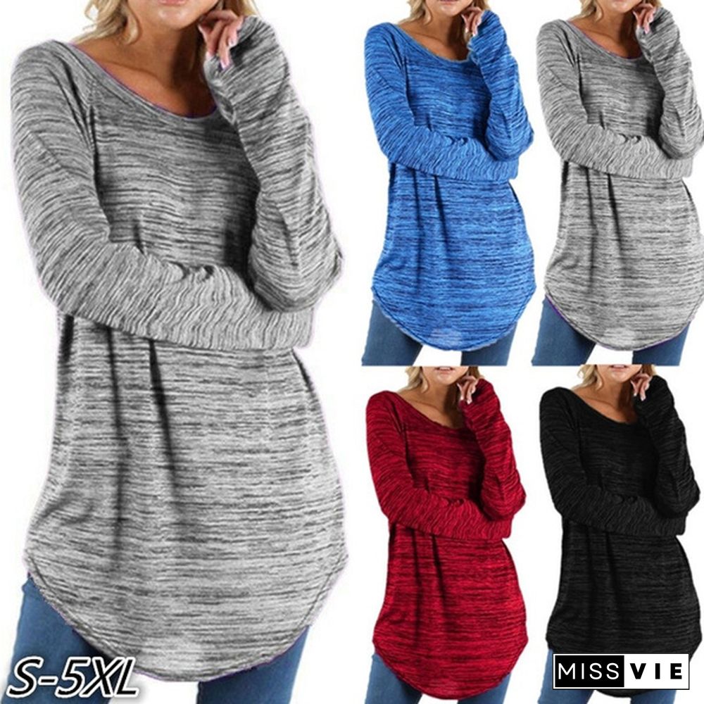 New Women Fashion Plus Size Solid Color Loose Shirt Irregular Slim Long Sleeve T-Shirt