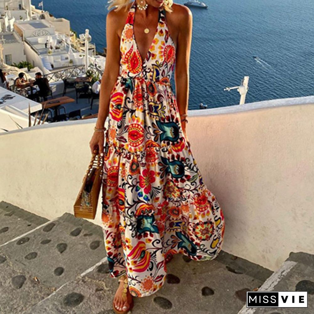 Fashion Halter Deep V Print Resort Beach Dress Vintage Floral Backless Loose Hem Party Dress Women Elegant Printed Pleated Dress