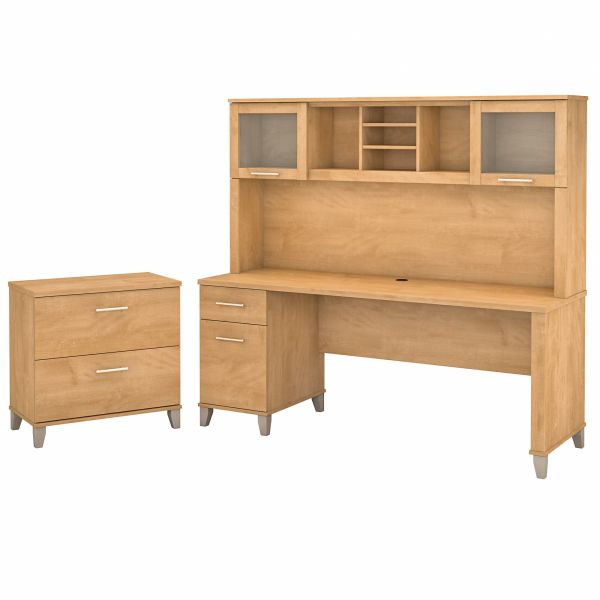 Bush Furniture Somerset 72W Office Desk with Hutch and Lateral File Cabinet in Maple Cross