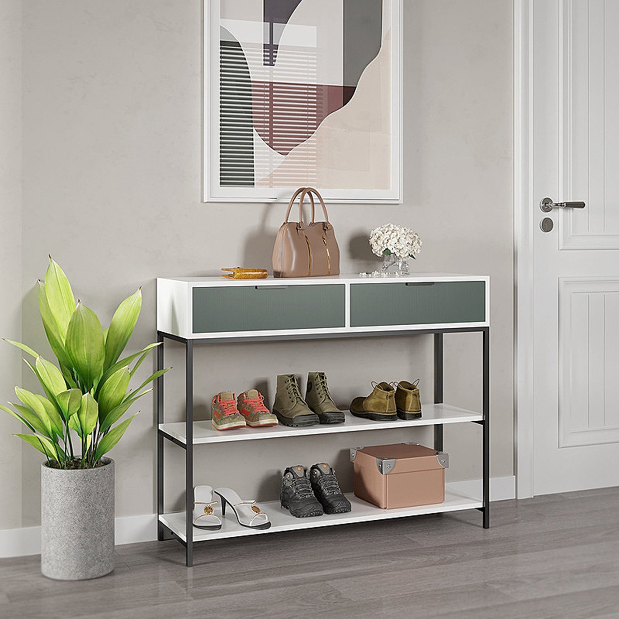 White and Light Green Wood Console Table Steel Frame with Shelves and Drawers