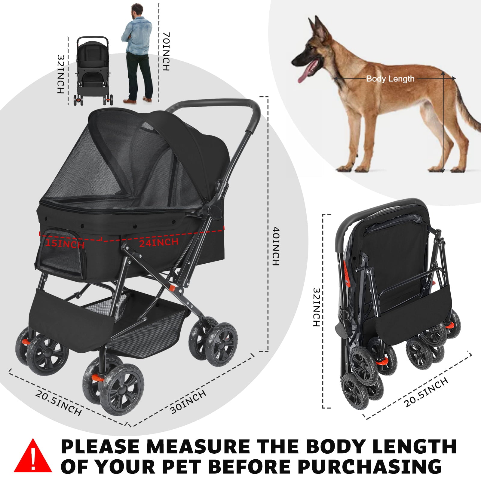 4 Wheel Pet Dog Stroller， Wedyvko Foldable Cat Dog Stroller with Storage Basket for Small Medium Dogs and Cats (Black)