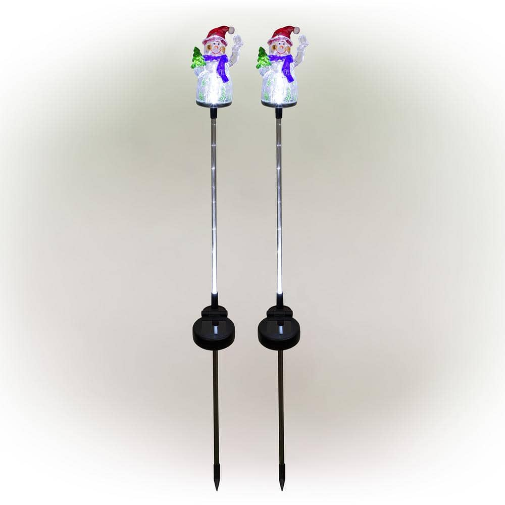 Alpine Corporation 34 in. Tall Solar Snowman Fiber Optic Garden Stake with LED Lights, Set of 2 QLP1103SLR-2