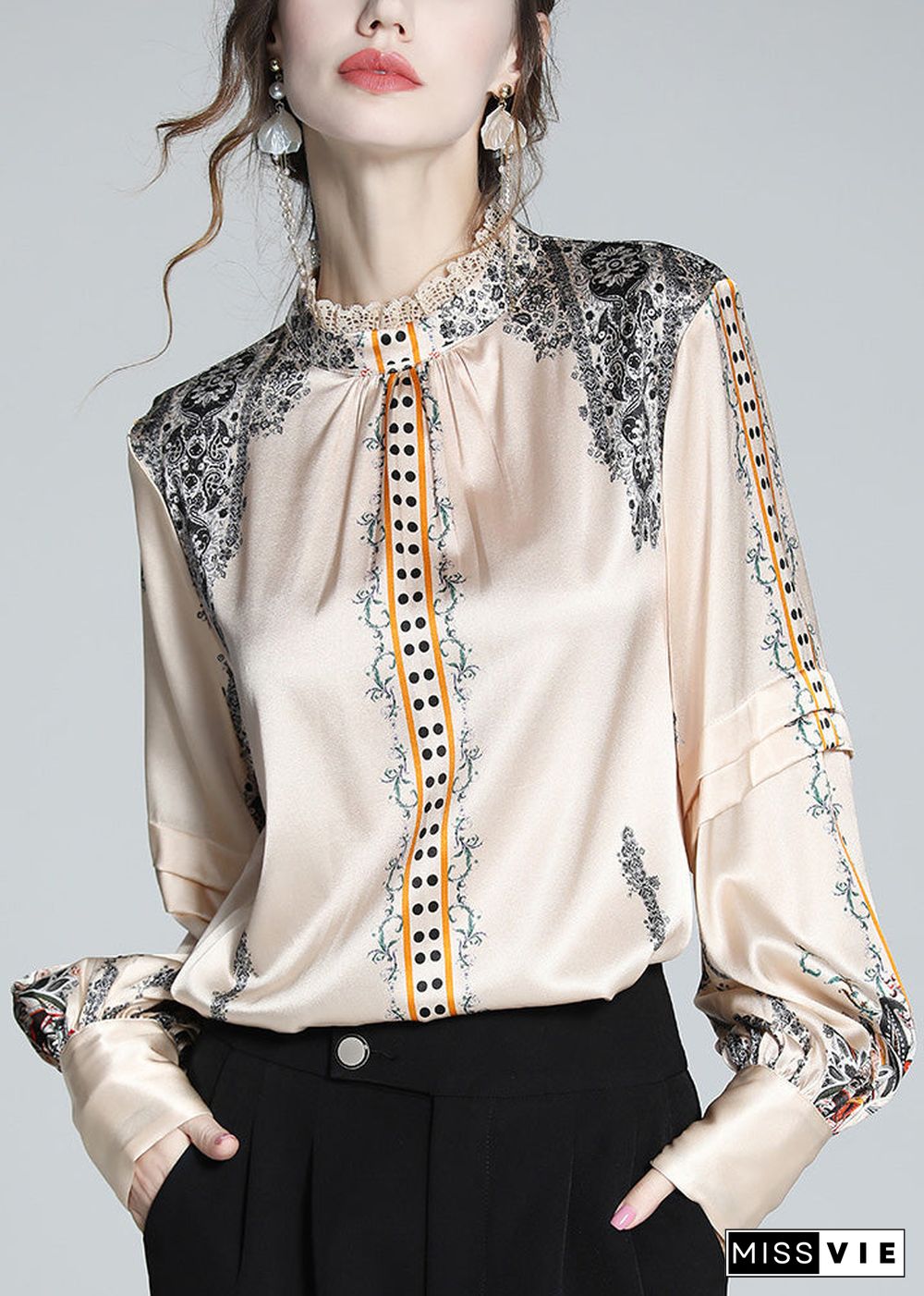 French Stand Collar Print Lace Patchwork Silk Shirt Spring