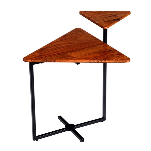 21 Inch Triangular Acacia Wood Accent End Table with 2 Tier Tabletops for Foyer， Den， Bedroom， or Living Room， Brown， Black