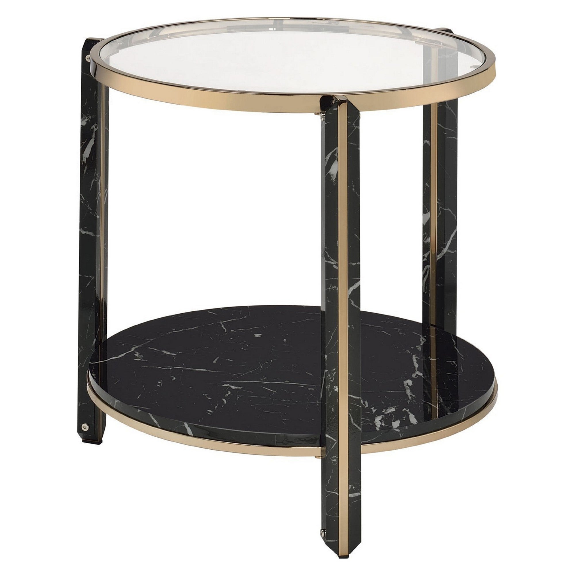 End Table with Glass Top and Faux Marble Shelf， Black and Gold