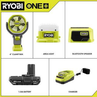 RYOBI ONE+ 18V Cordless 3-Tool Campers Kit with Area Light Bluetooth Speaker 4 in. Clamp Fan 1.5 Ah Battery and Charger PCL1303K1N