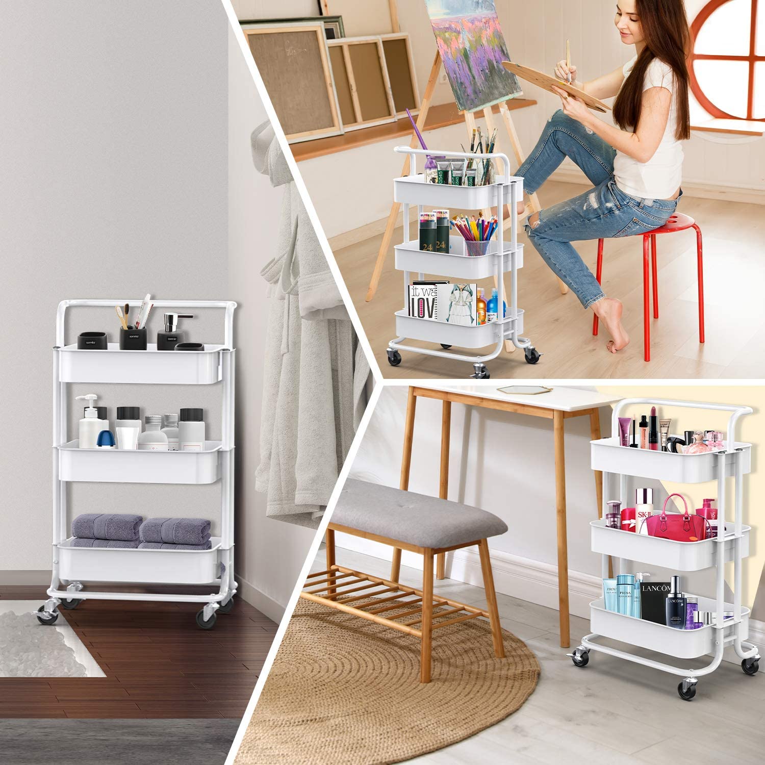 3-Tier Rolling Kitchen Cart， Home Kitchen Storage Utility Cart with Handle， Bathroom Organizer Cart on Wheels， White