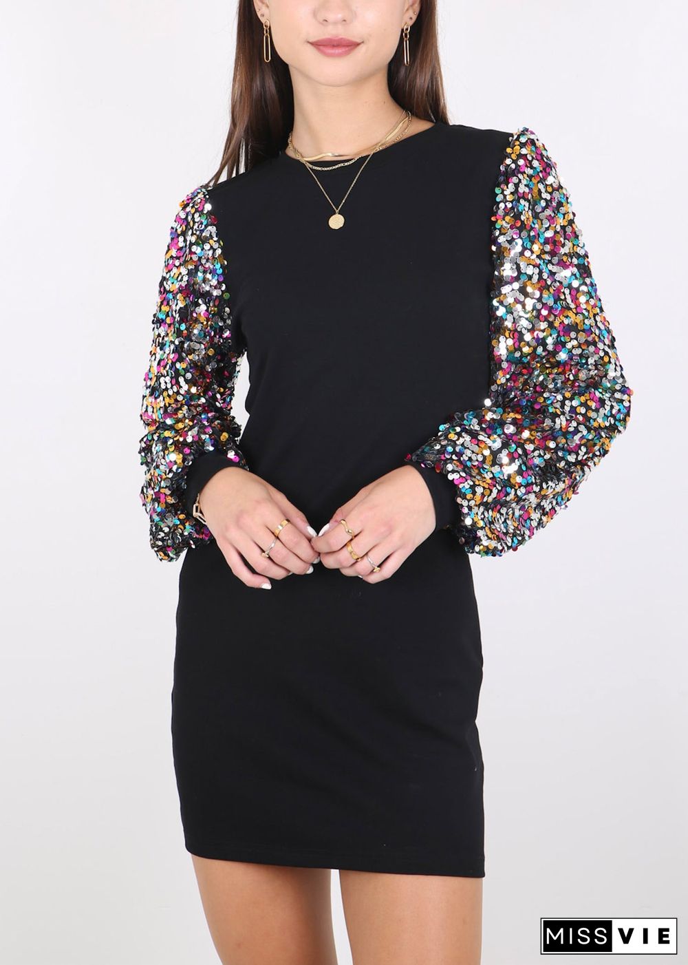 Anna-Kaci Women's Confetti Sequin Balloon Long Sleeve Round Neck Pullover Dress