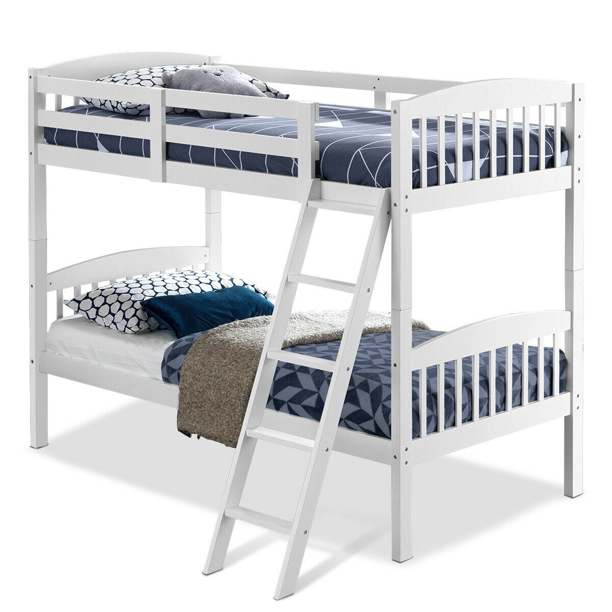 Costzon Twin Over Twin Bunk Beds, Convertible Into Two Individual Solid Rubberwood Beds (White)