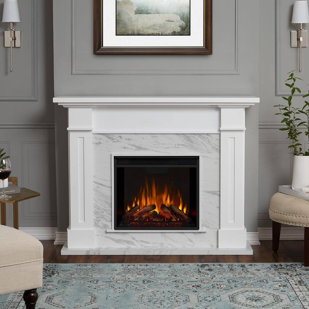 Real Flame Kipling 54 in. Freestanding Electric Fireplace in White with Faux Marble 6030E-WM