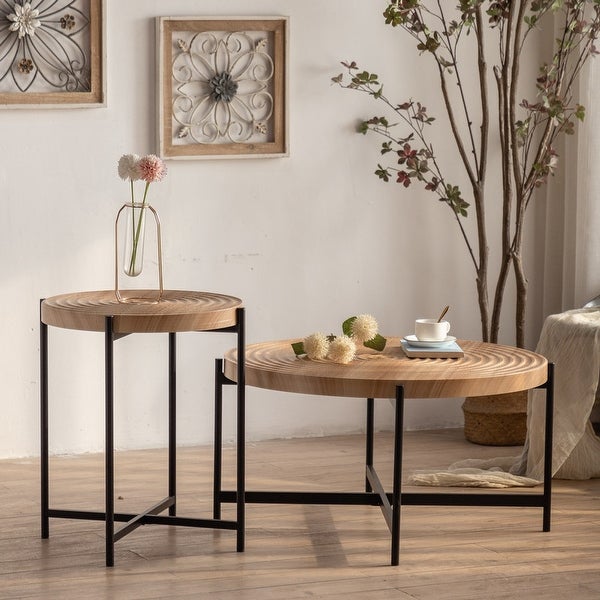 Modern Thread Design Round Coffee Table or End Table， MDF Table Top with Cross Legs Metal Base