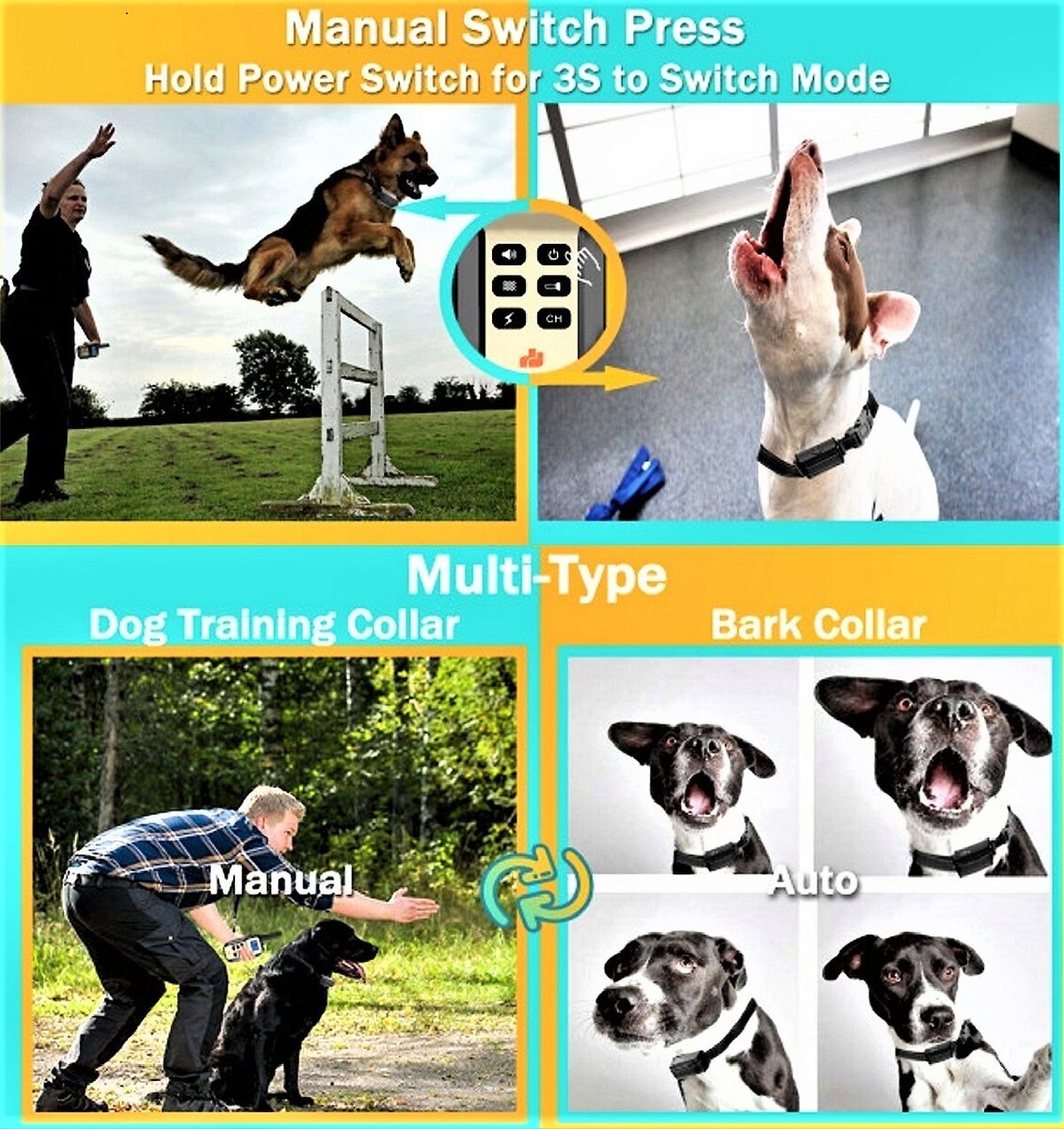 GROOVYPETS Three-Dog Set 1100 Yard Auto Anti Bark， Humane Beep， Vibration， Static Shock Waterproof Rechargeable Dog Training Shock Collar System