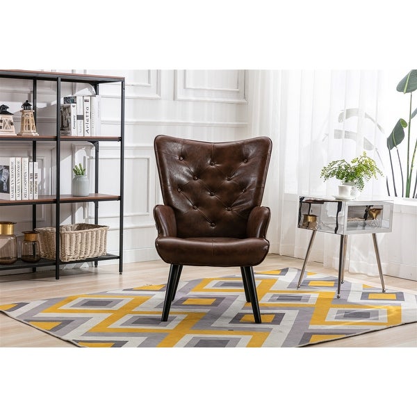 PU Leather Accent Chair for Living Room， Modern Tufted Button Wingback Reading Chair Arms Side Chair with Solid Wood Legs