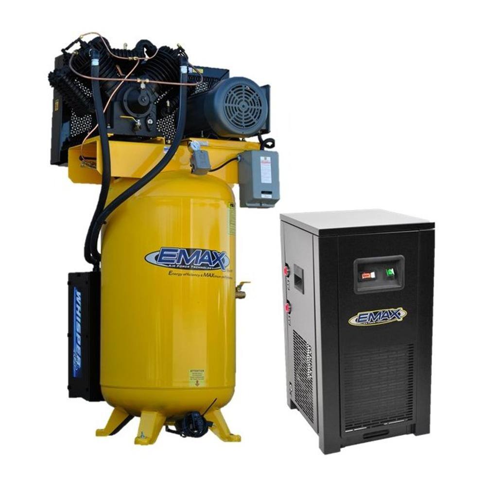 EMAX Industrial Plus 80 Gal. 10 HP 1-Phase 2-Stage Silent Air Electric Pressure Lube Air Compressor with 58 CFM Dryer Bundle HSP10V080V1PK