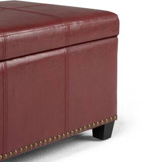 Simpli Home Kingsley 48 in. Transitional Storage Ottoman in Radicchio Red Bonded Leather 3AXCOT-240-RRD