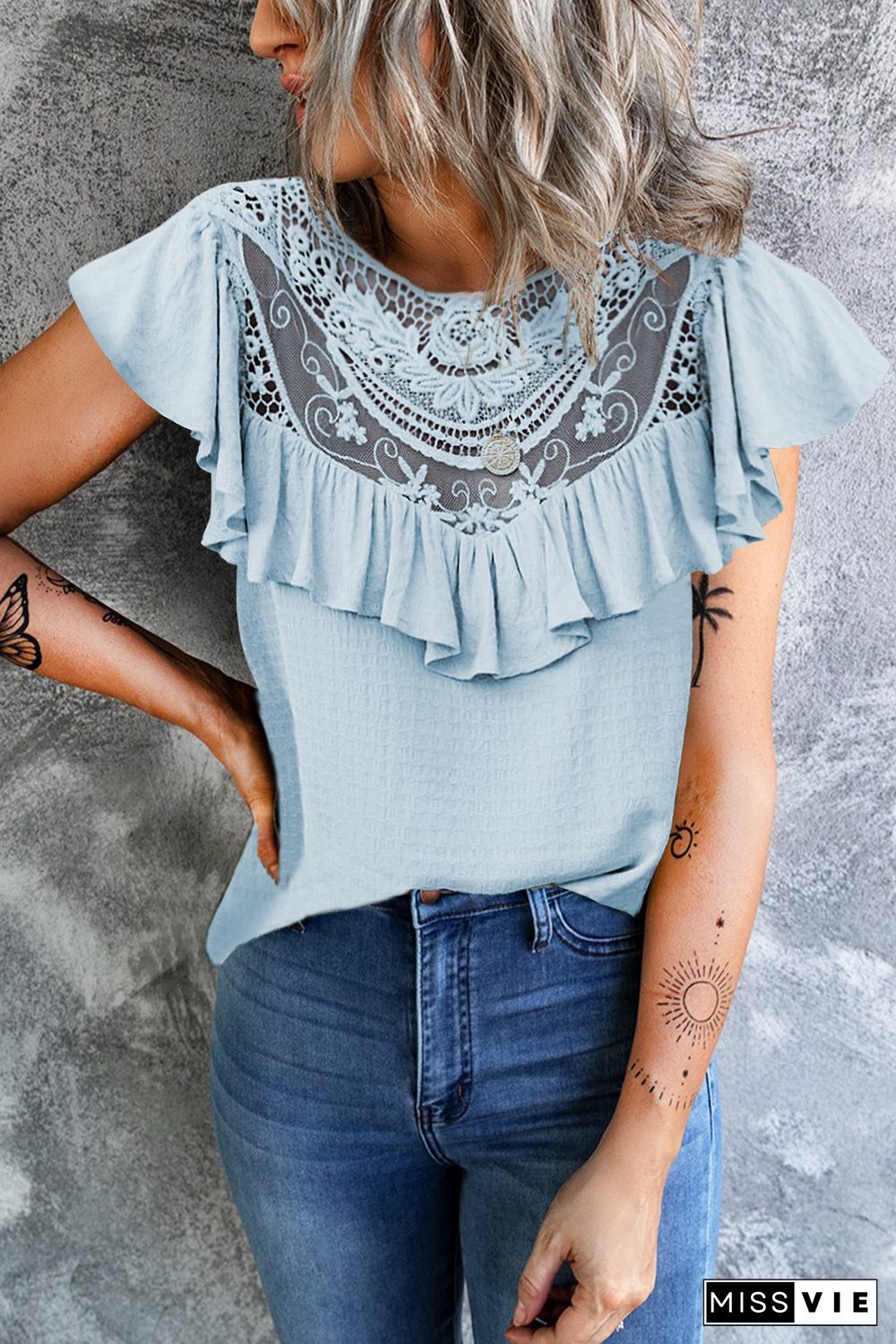 Sky Blue Lace Splicing Ruffled Short Sleeve T-shirt