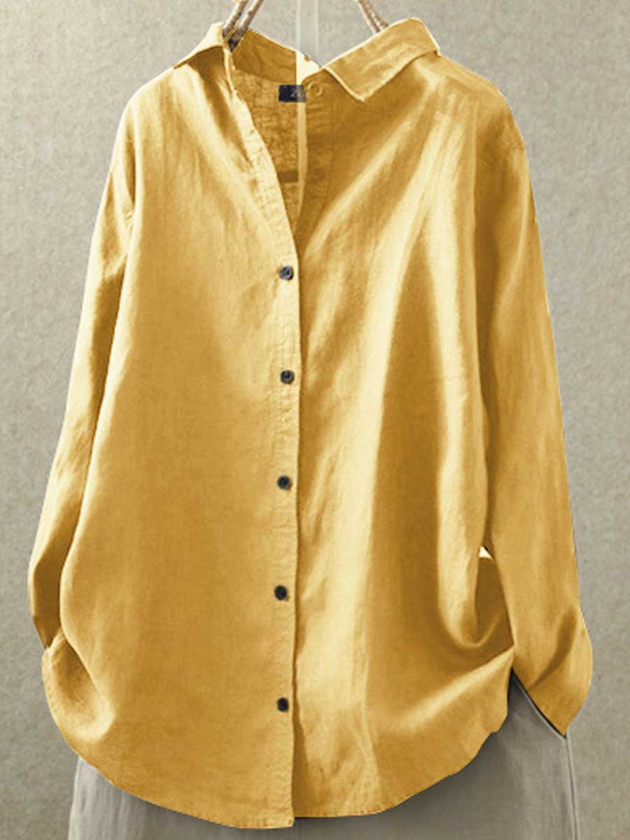 Lapel Casual Cotton And Linen Solid Color Loose Long-sleeved Blouse