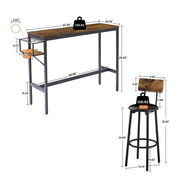 3pcs Industrial Style Bar Table Set with Wine Bottle Storage Rack