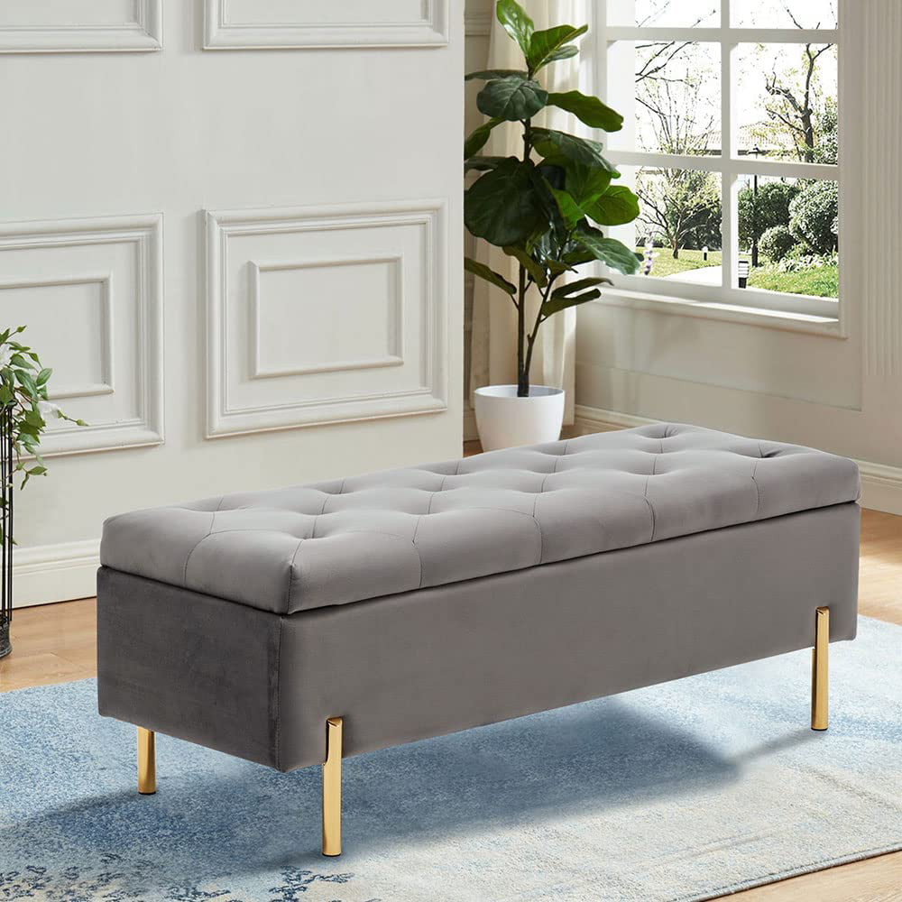 Andeworld Ottoman with Storage Bench, Modern Velvet Upholstered Rectangular Tufted Footstool Bench, Large Storage Bench for Bedroom,Living Room,Entryway (Grey)