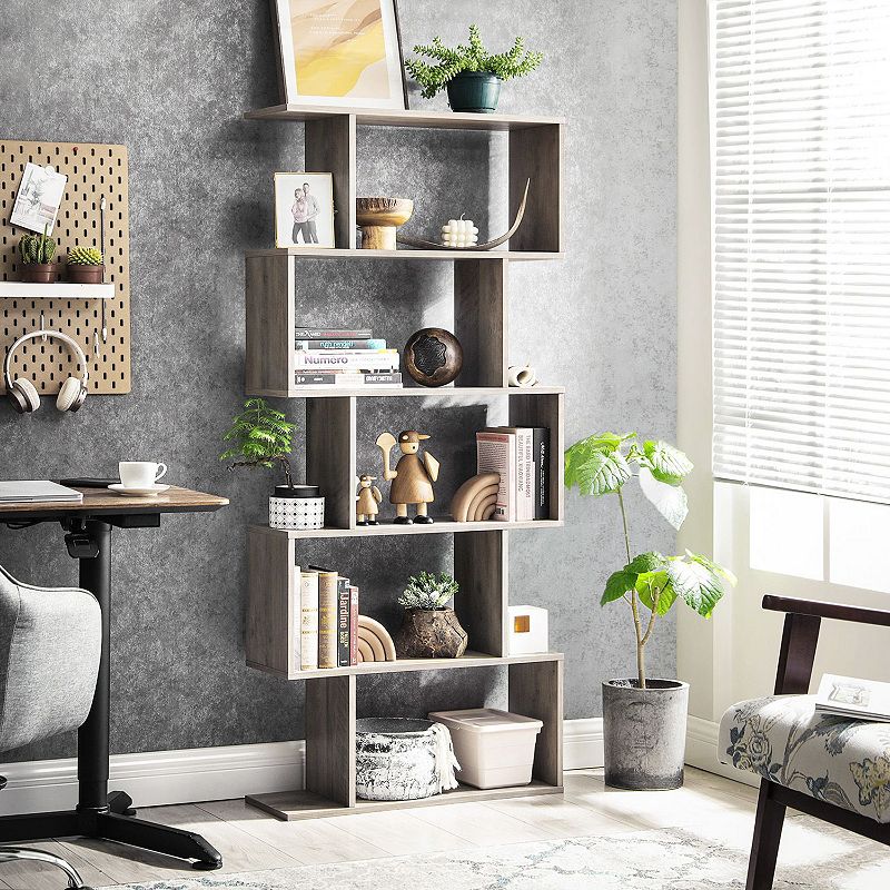 Wooden Bookcase， 5-tier Display Shelf， Freestanding Decorative Storage Shelving Bookshelf