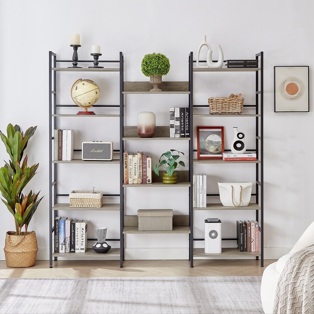 Triple Wide 5 Tiers Large Bookshelves Industrial Wooden Bookshelves for Home or Office 3 Wide Display Racks 14 Open Shelves