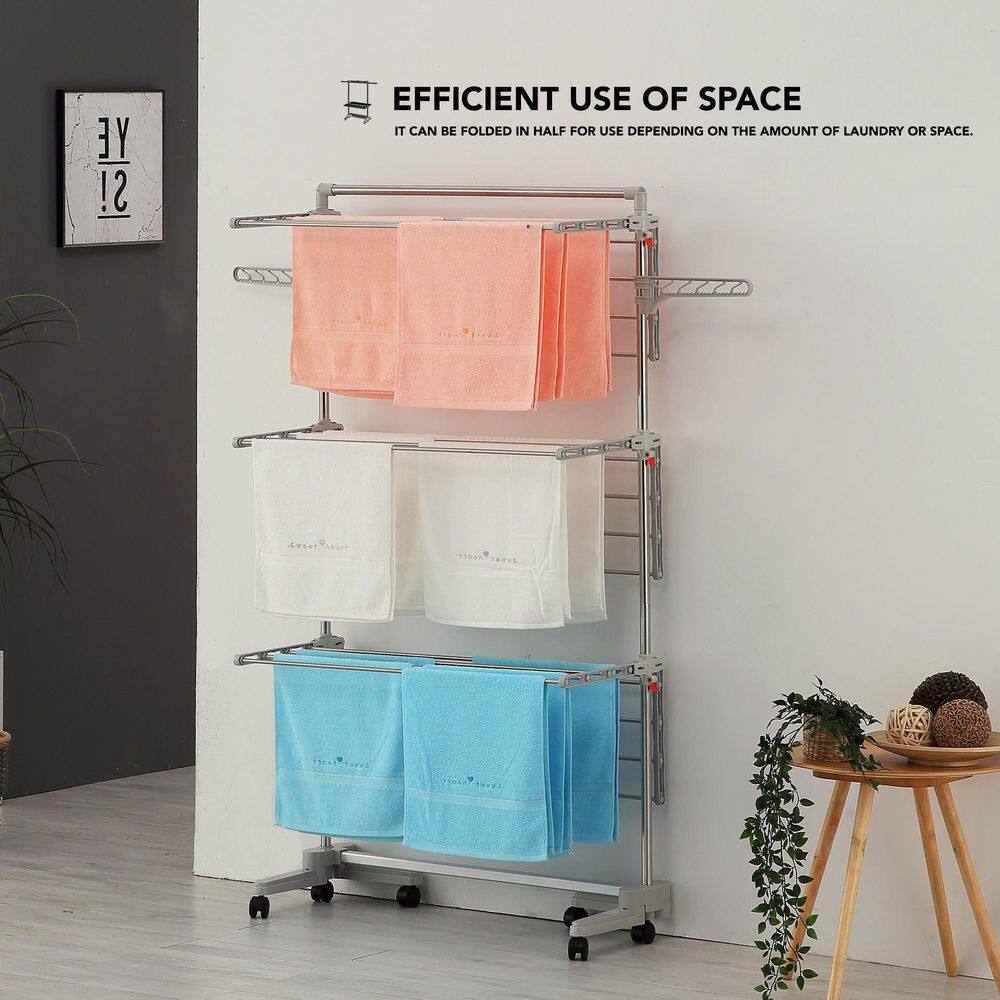 Hulife 57 12 in. x 56 12 in. 3-Tier Foldable Drying Garment Rack with Hanging Pole HLDR-6000P