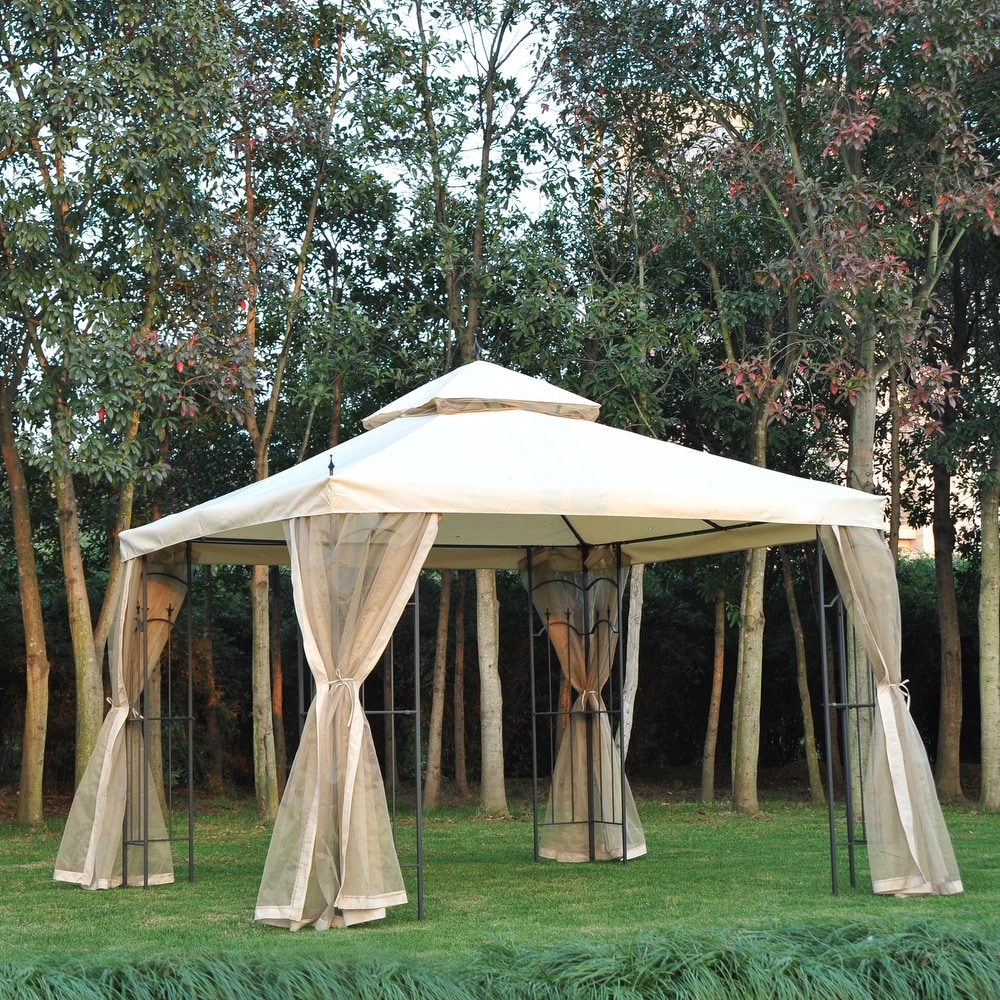 Outsunny 10 foot Square Steel Outdoor Garden Gazebo with Mesh Curtains