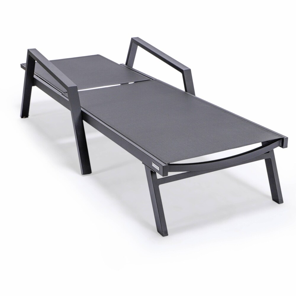 LeisureMod Marlin Chaise Lounge Chair With Arms Set of 2 with Fire Pit Table