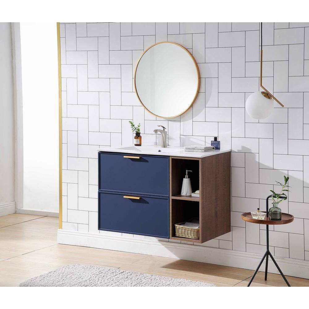 VAPSINT 36 in. W x 18 in. D x 24 in. H Wall Mounted Blue Bath Vanity with Brown Wood Grain Side Shelf with White Ceramic Sink VA-TMX001SLZMW-G90EL