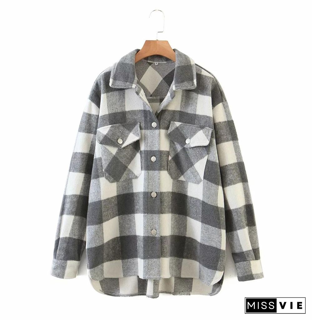 Autumn Winter Plaid Jacket Wool Blend Coat Fashion Button Long Sleeve Coat Casual Office Warm Overshirt Ladies Jackets Chic Tops