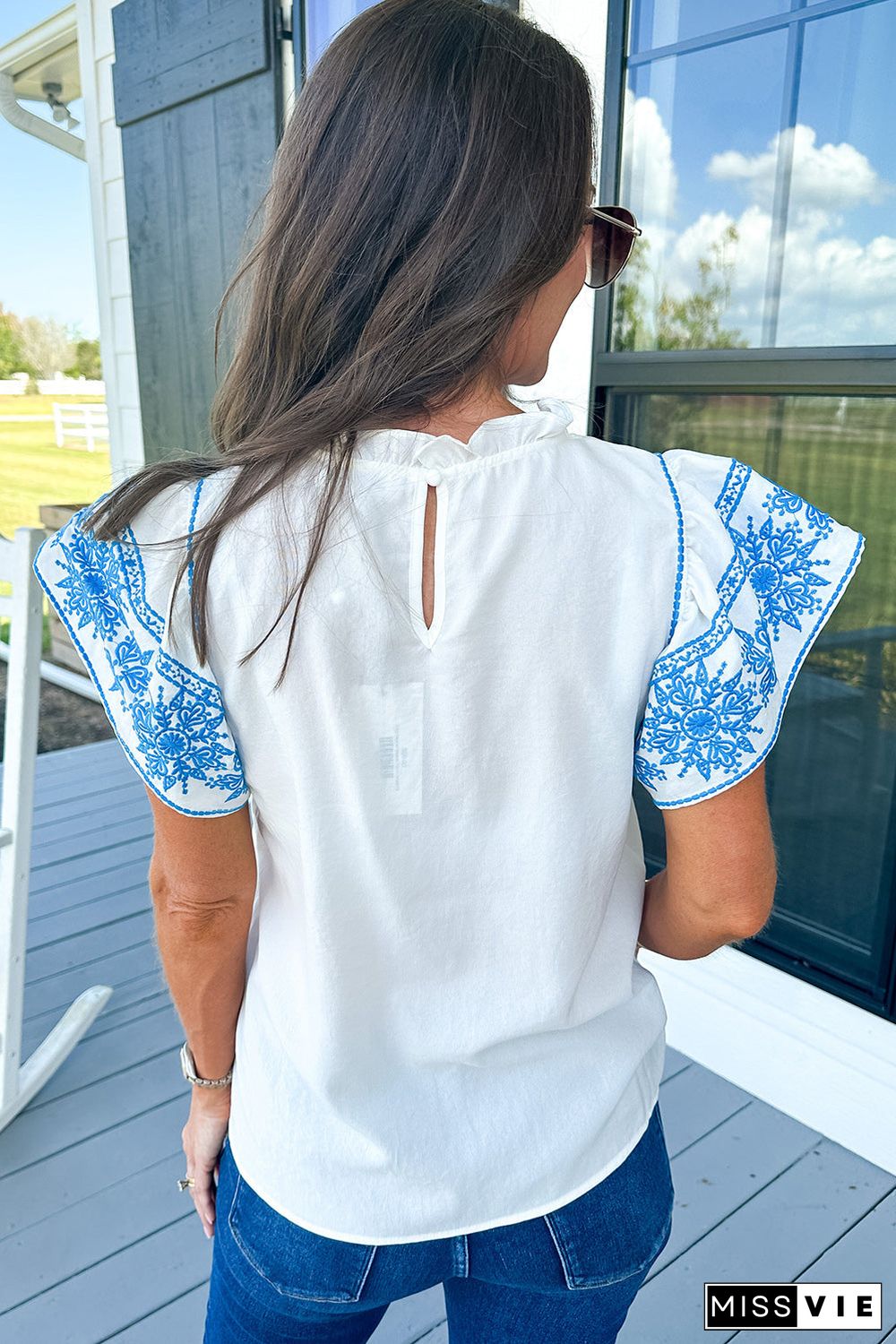 White Embroidered Ruffled Sleeve Frilled Collar Blouse