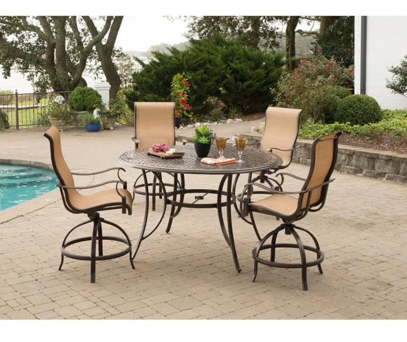 Hanover Manor 5-Piece Outdoor Dining Set In Tan/Bronze With 4 Counter-Height Swivel Chairs， 56 Cast-Top Table