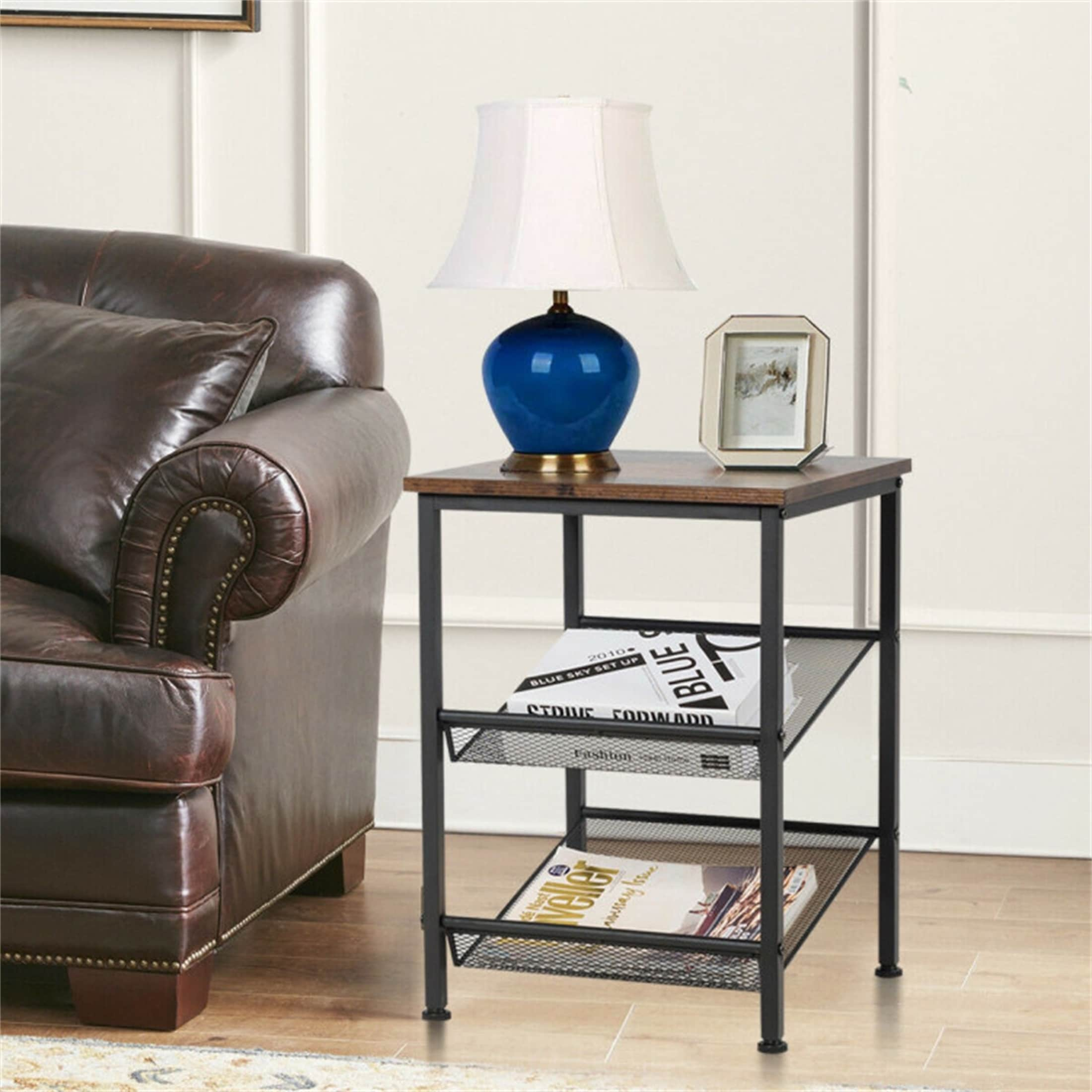 3 Tier Industrial End Table with Mesh Shelves and Adjustable Shelves