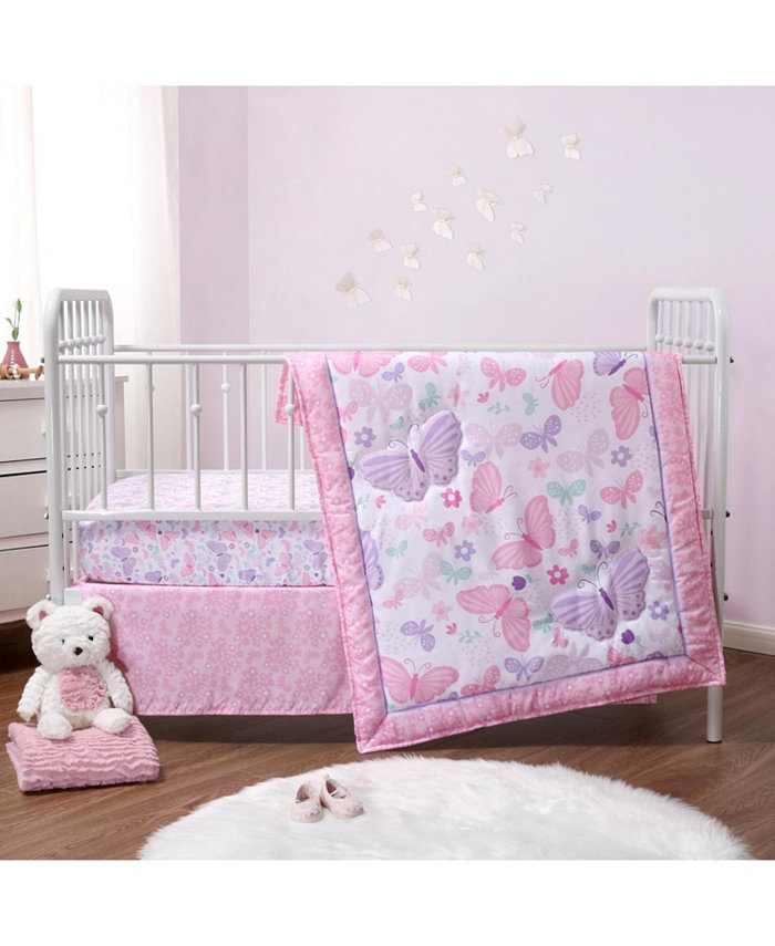 The Peanutshell Pink and Purple Butterfly Song Crib Bedding Set for Baby Girls， 3 Piece Nursery Set