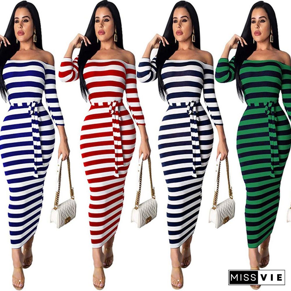 New Women's Fashion Off Shoulder Long Sleeve Midi Skirt Slim Stripe Party Dress Bodycon Dress